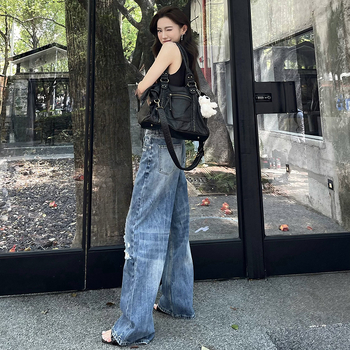 Sieviešu džinsi ar saplēstām detaļām, brīvs taisnais piegriezums, augsts viduklis, izmazgāts denims, kokvilnas un elastāna audums