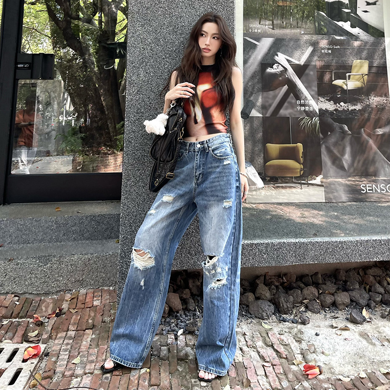 Sieviešu džinsi ar saplēstām detaļām, brīvs taisnais piegriezums, augsts viduklis, izmazgāts denims, kokvilnas un elastāna audums