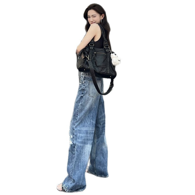 Sieviešu džinsi ar saplēstām detaļām, brīvs taisnais piegriezums, augsts viduklis, izmazgāts denims, kokvilnas un elastāna audums