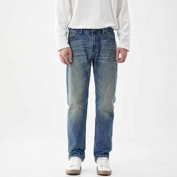 Blugi bărbați din bumbac - stil retro american, croială dreaptă, talie medie, fermoar, buzunare multiple, primăvară-toamnă 2025
