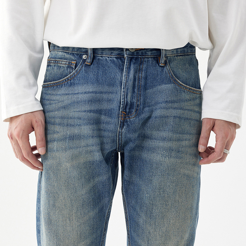 Blugi bărbați din bumbac - stil retro american, croială dreaptă, talie medie, fermoar, buzunare multiple, primăvară-toamnă 2025