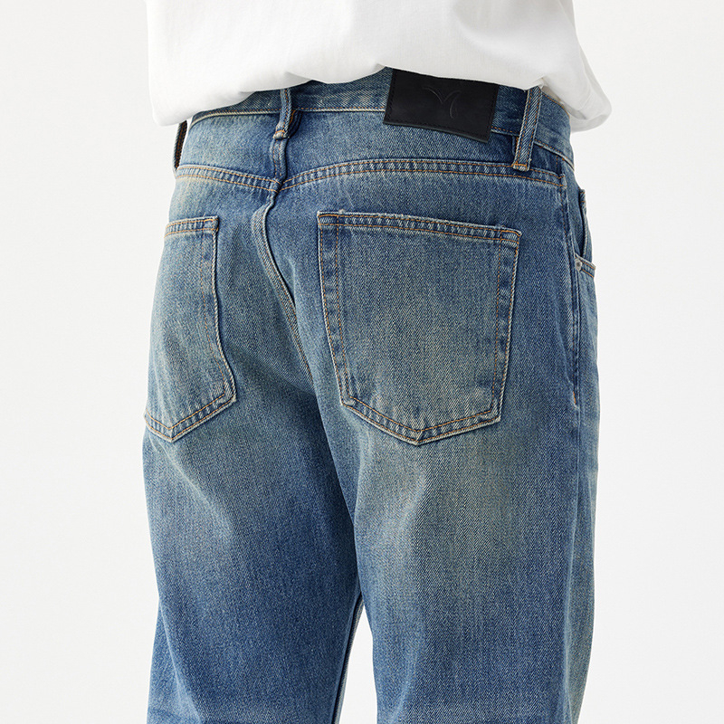 Blugi bărbați din bumbac - stil retro american, croială dreaptă, talie medie, fermoar, buzunare multiple, primăvară-toamnă 2025