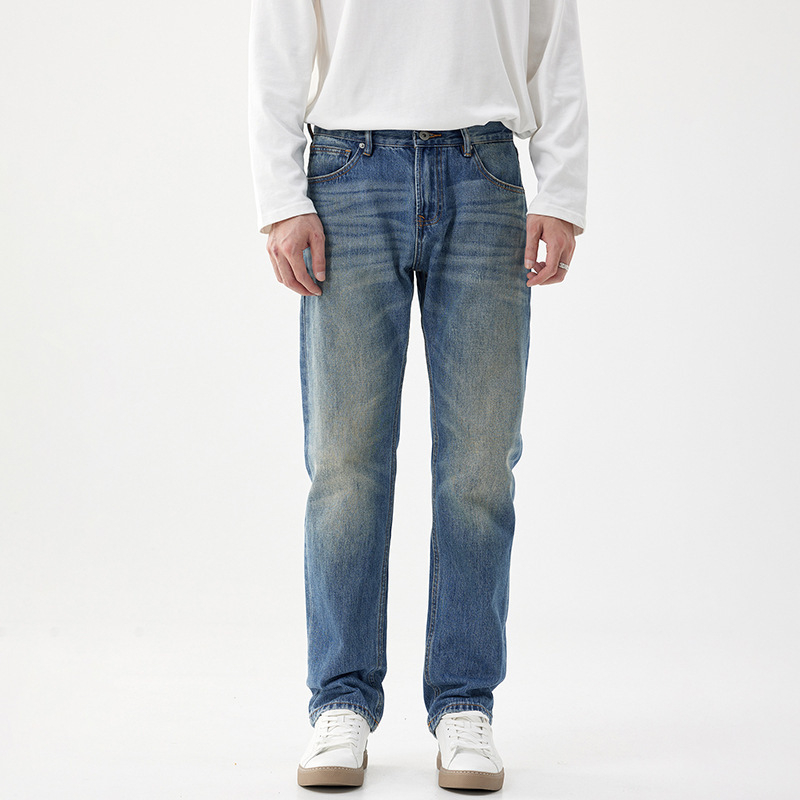 Blugi bărbați din bumbac - stil retro american, croială dreaptă, talie medie, fermoar, buzunare multiple, primăvară-toamnă 2025