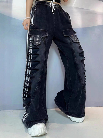 Damske casual hlače ravnog kroja, elastičan pojas, 90–95% pamuka, gradski stil s kolaznim panelima