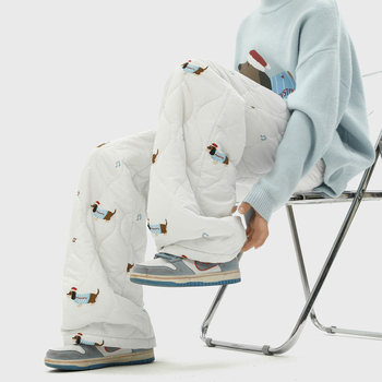 Žieminės kelnės iš poliesterio su užpildymu, Dachshund spaudas ir moliūgo raštas, tiesus kirpimas, vidutinis juosmens