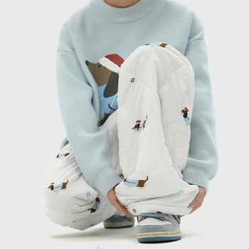 Žieminės kelnės iš poliesterio su užpildymu, Dachshund spaudas ir moliūgo raštas, tiesus kirpimas, vidutinis juosmens