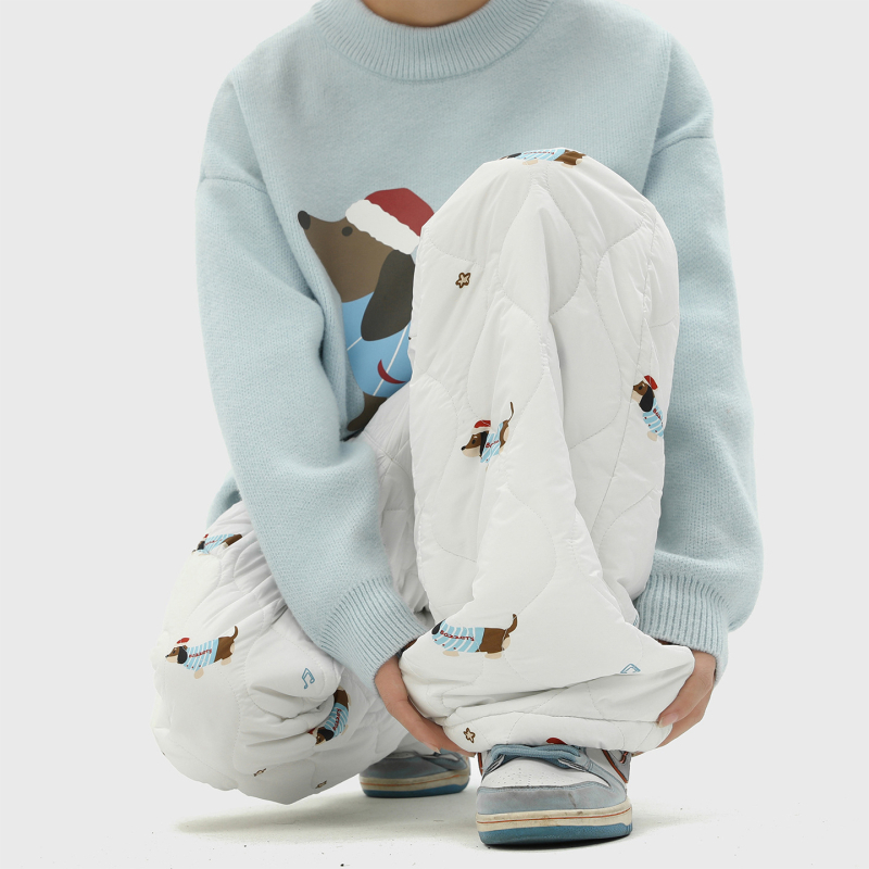 Žieminės kelnės iš poliesterio su užpildymu, Dachshund spaudas ir moliūgo raštas, tiesus kirpimas, vidutinis juosmens