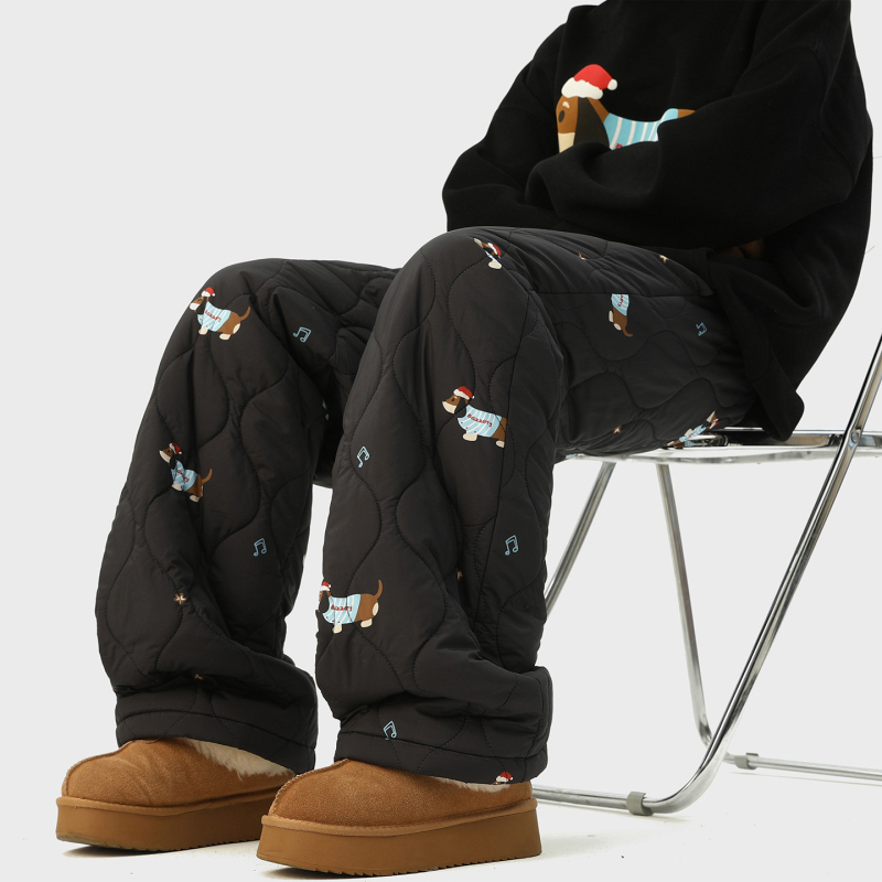 Žieminės kelnės iš poliesterio su užpildymu, Dachshund spaudas ir moliūgo raštas, tiesus kirpimas, vidutinis juosmens