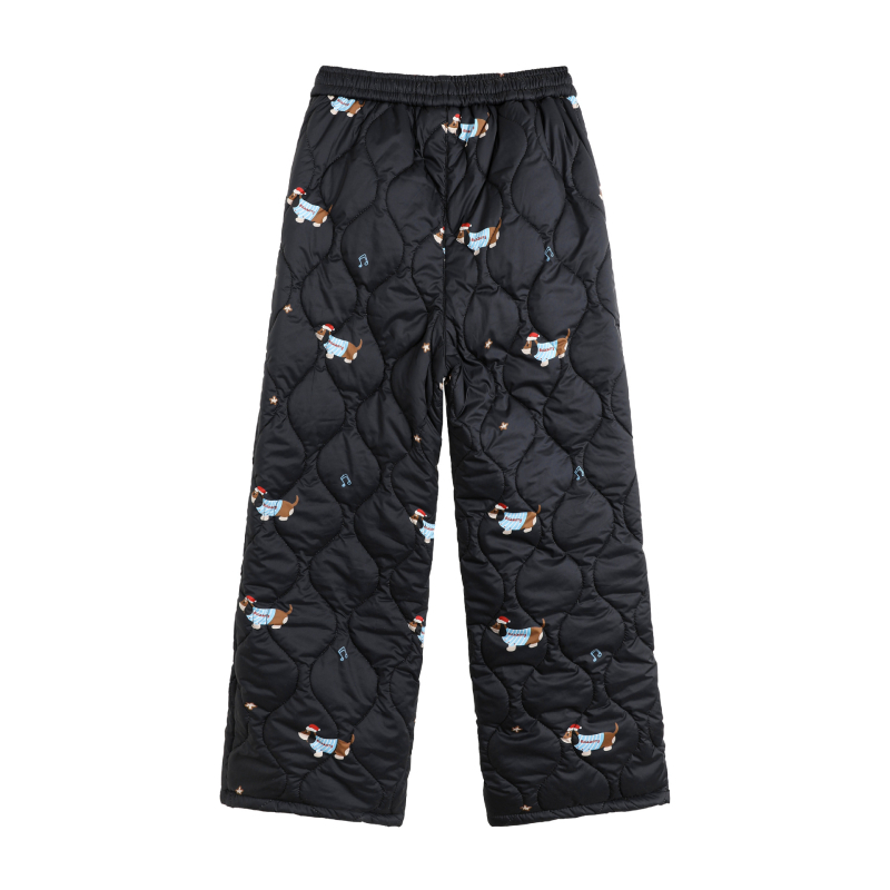 Žieminės kelnės iš poliesterio su užpildymu, Dachshund spaudas ir moliūgo raštas, tiesus kirpimas, vidutinis juosmens