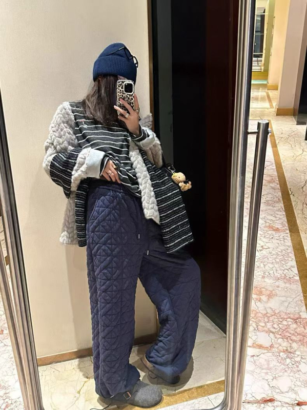 Naiste quilted soojad sportpüksid, laia lõikega, talvise Korea stiilis vabaajarõivaste püksid, polüesterkangas nailonitäidisega (70-80%)