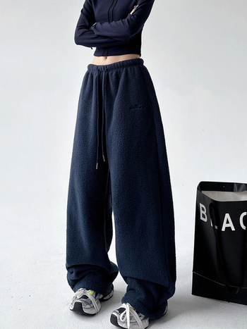 Pantaloni trening din fleece, groși, talie medie, croi lejer, lungi