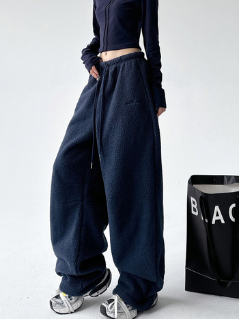 Pantaloni trening din fleece, groși, talie medie, croi lejer, lungi