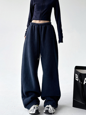 Pantaloni trening din fleece, groși, talie medie, croi lejer, lungi