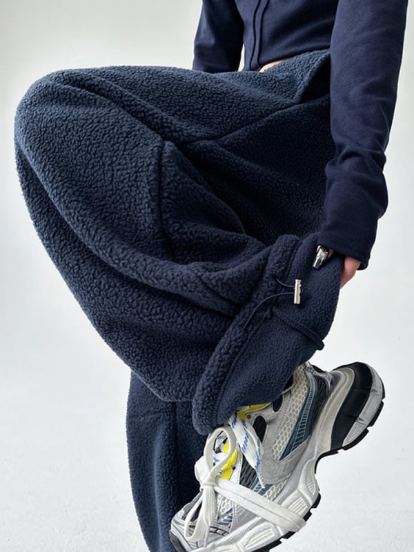 Pantaloni trening din fleece, groși, talie medie, croi lejer, lungi