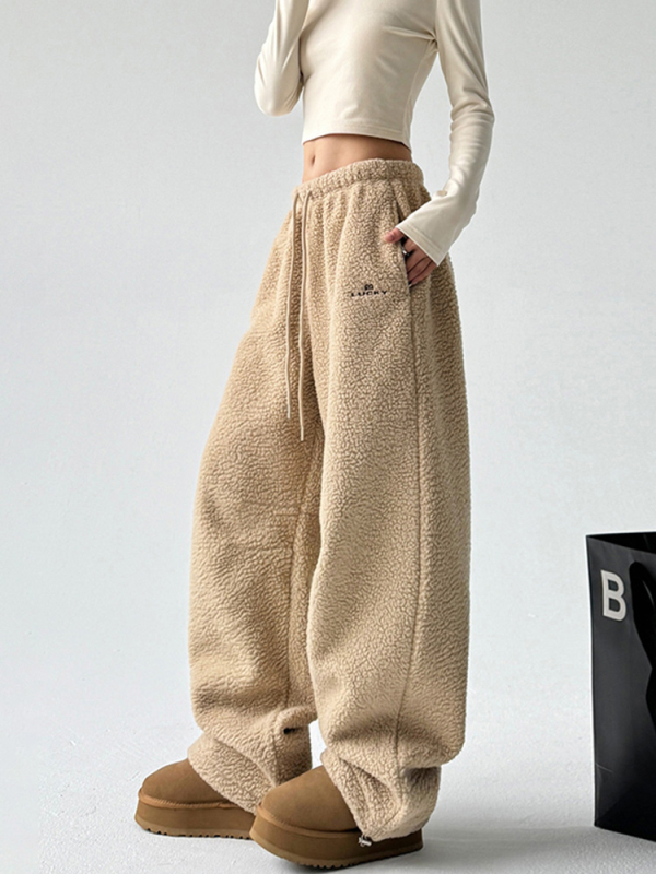 Pantaloni trening din fleece, groși, talie medie, croi lejer, lungi