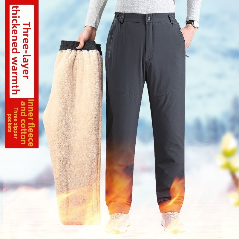 Vyriai tiesaus kirpimo šilti kelnės su šilko-pamuko užpildymu, vientisos spalvos, aukštas juosmuo, store audinys