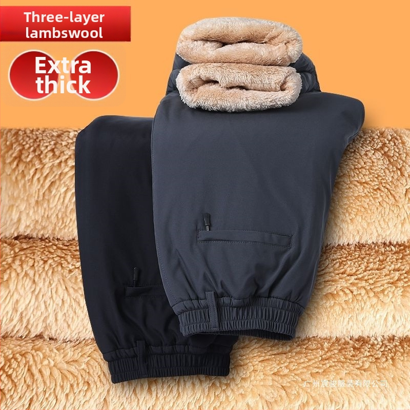 Vyriai tiesaus kirpimo šilti kelnės su šilko-pamuko užpildymu, vientisos spalvos, aukštas juosmuo, store audinys