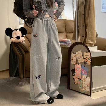 Pantaloni de trening pentru femei, căptușeală din fleece, talie înaltă, model cu broderie în desen animat, din bumbac organic și poliester