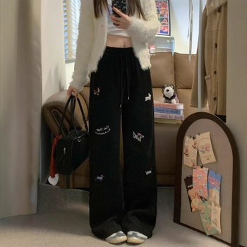 Pantaloni de trening pentru femei, căptușeală din fleece, talie înaltă, model cu broderie în desen animat, din bumbac organic și poliester