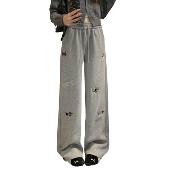 Pantaloni de trening pentru femei, căptușeală din fleece, talie înaltă, model cu broderie în desen animat, din bumbac organic și poliester