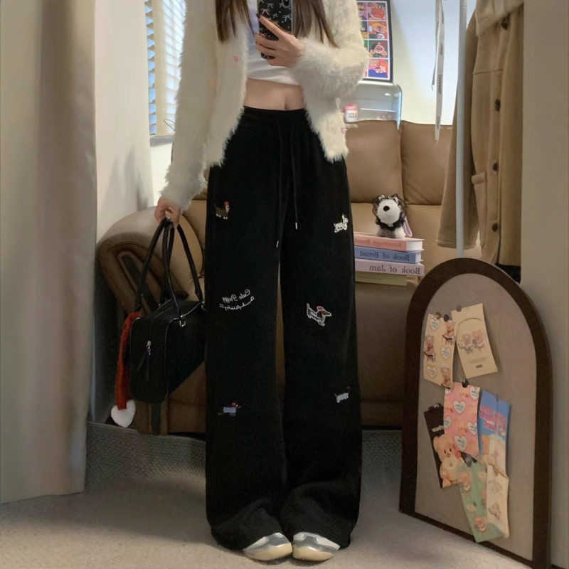 Pantaloni de trening pentru femei, căptușeală din fleece, talie înaltă, model cu broderie în desen animat, din bumbac organic și poliester