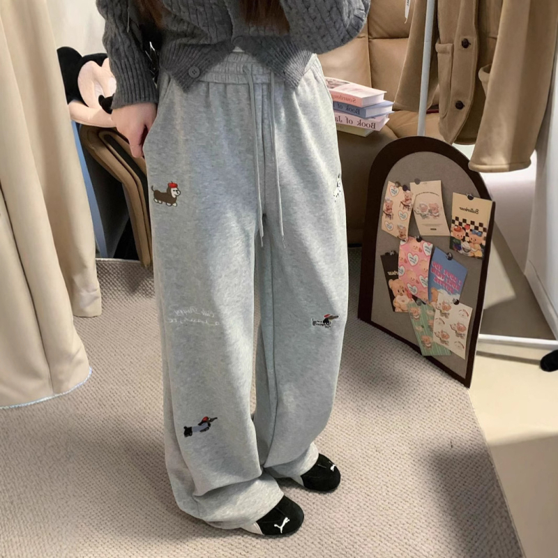 Pantaloni de trening pentru femei, căptușeală din fleece, talie înaltă, model cu broderie în desen animat, din bumbac organic și poliester