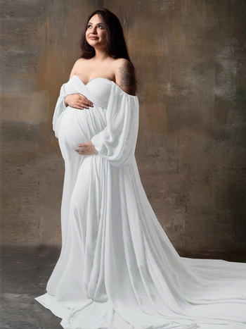 Rochie maternă cu decolteu în V, mâneci 3/4, poliester, fustă lungă, culoare solidă, despicare inferioară