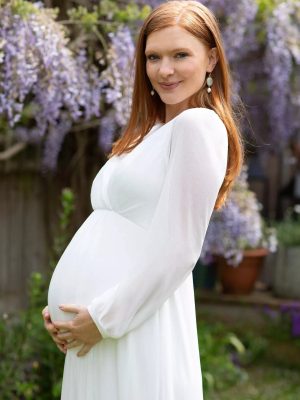 Rochie maternă cu decolteu în V, mâneci 3/4, poliester, fustă lungă, culoare solidă, despicare inferioară