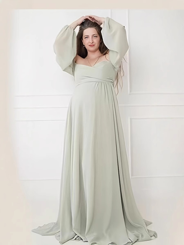 Rochie maternă cu decolteu în V, mâneci 3/4, poliester, fustă lungă, culoare solidă, despicare inferioară