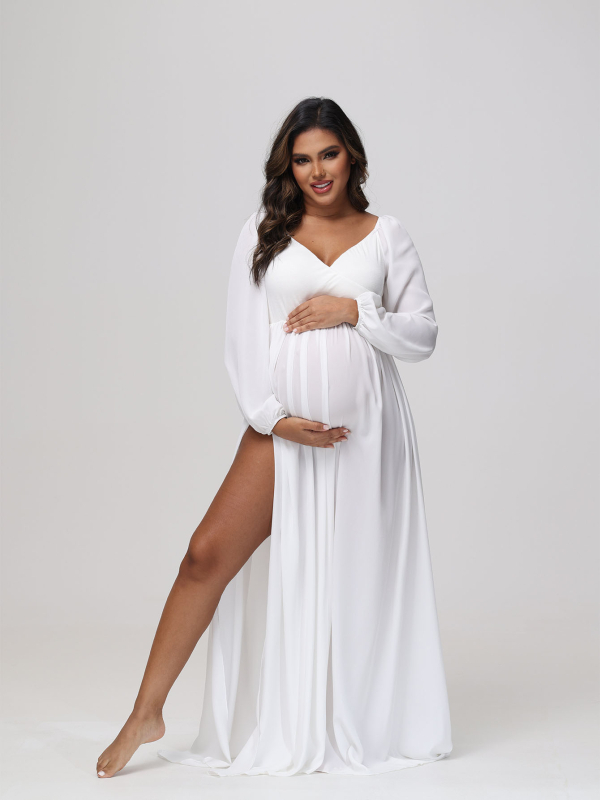 Rochie maternă cu decolteu în V, mâneci 3/4, poliester, fustă lungă, culoare solidă, despicare inferioară