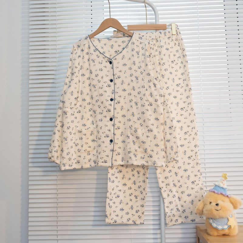 Пижами за майки с кърмене — 100% памук, двойно слой марля, скрит достъп за кърмене, дълги ръкави, панталони с пълна дължина