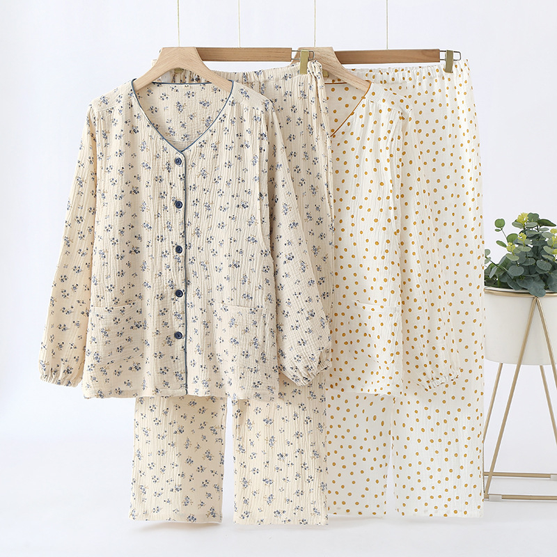 Пижами за майки с кърмене — 100% памук, двойно слой марля, скрит достъп за кърмене, дълги ръкави, панталони с пълна дължина