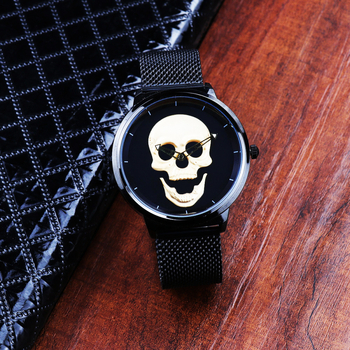 Muški sat s dizajnom lubanje, Milanese mrežni kaiš, kopča od nehrđajućeg čelika, kvarcni mehanizam, vodootpornost 30m