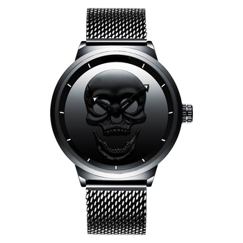 Muški sat s dizajnom lubanje, Milanese mrežni kaiš, kopča od nehrđajućeg čelika, kvarcni mehanizam, vodootpornost 30m