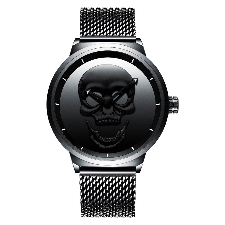 Muški sat s dizajnom lubanje, Milanese mrežni kaiš, kopča od nehrđajućeg čelika, kvarcni mehanizam, vodootpornost 30m