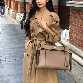 Jachetă lungă de vânt pentru femei, poliester, culoare solidă, guler tip sacou, mâneci lungi, închidere cu nasturi dubli