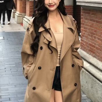 Jachetă lungă de vânt pentru femei, poliester, culoare solidă, guler tip sacou, mâneci lungi, închidere cu nasturi dubli