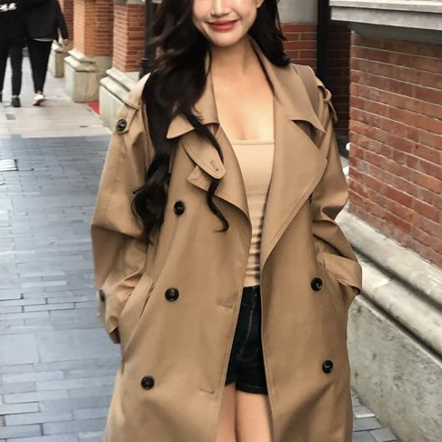 Jachetă lungă de vânt pentru femei, poliester, culoare solidă, guler tip sacou, mâneci lungi, închidere cu nasturi dubli