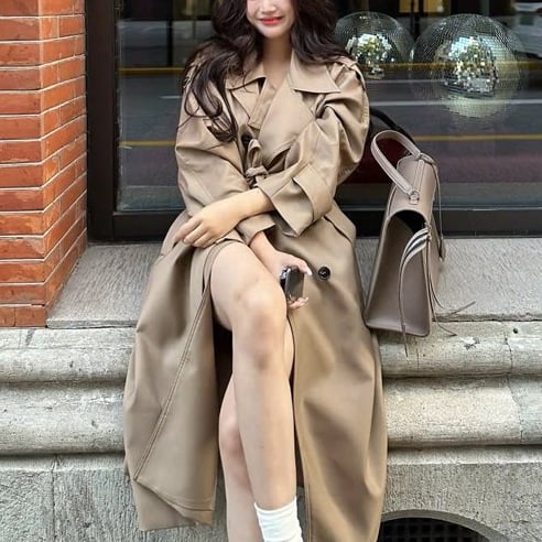 Jachetă lungă de vânt pentru femei, poliester, culoare solidă, guler tip sacou, mâneci lungi, închidere cu nasturi dubli