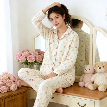 Pamučna pidžama za dojenje, s dugim rukavima, kardigan stil ovratnik, crtani štene print