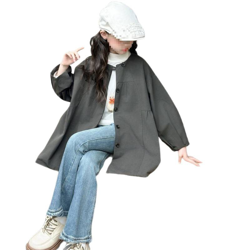 Dječji trench kaput, retro književnog stila, PVC tkanina 70–80%, okrugli izrez, rukavi 3/4