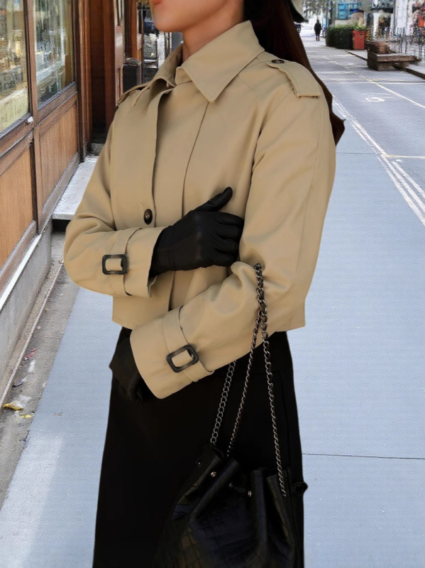 Poliesterski kratki trench kaput s reverom, dvostruko kopčanje, slobodan kroj, dugi rukavi, gradski stil