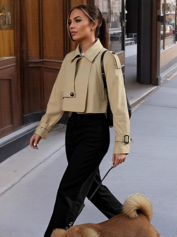 Poliesterski kratki trench kaput s reverom, dvostruko kopčanje, slobodan kroj, dugi rukavi, gradski stil