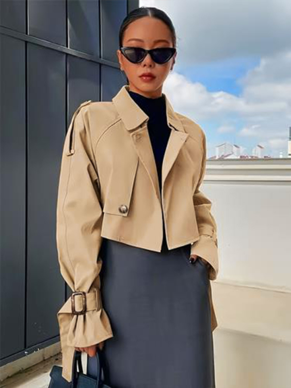 Poliesterski kratki trench kaput s reverom, dvostruko kopčanje, slobodan kroj, dugi rukavi, gradski stil