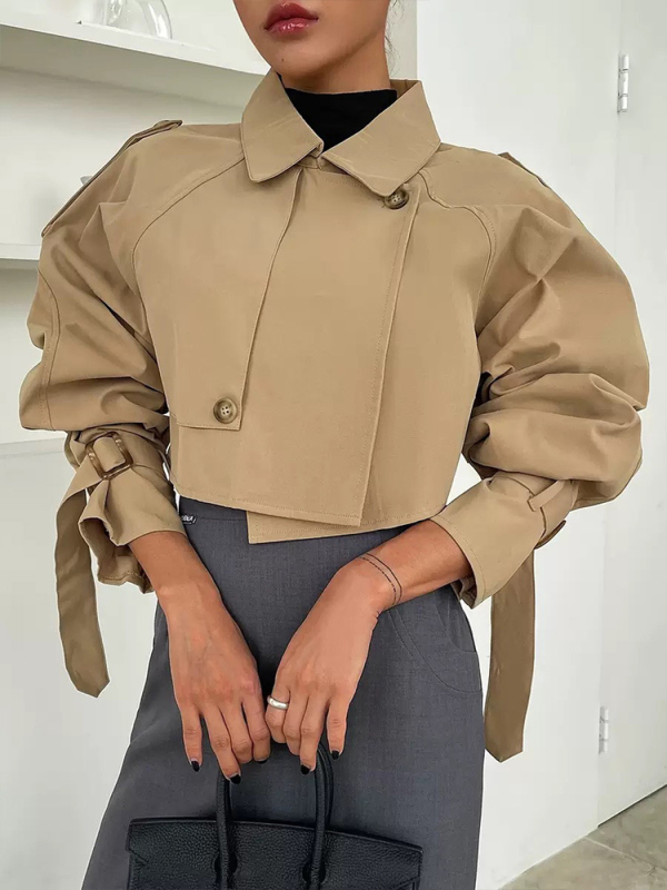 Poliesterski kratki trench kaput s reverom, dvostruko kopčanje, slobodan kroj, dugi rukavi, gradski stil