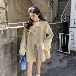 женски тренчкот в корейски стил, полиестер, със стойка яка, закопчаване с цип, свободна кройка, средна дължина