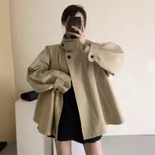 женски тренчкот в корейски стил, полиестер, със стойка яка, закопчаване с цип, свободна кройка, средна дължина