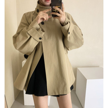 женски тренчкот в корейски стил, полиестер, със стойка яка, закопчаване с цип, свободна кройка, средна дължина