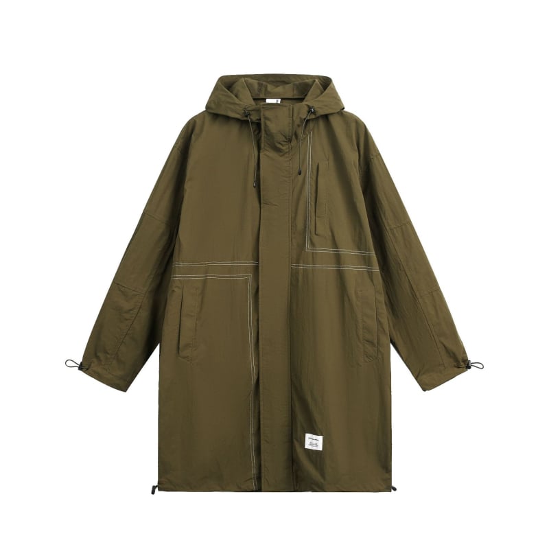 Geacă lungă anti-vânt în stil național, cu guler rever, închidere la un rând, fără glugă, căptușită cu nylon, material din amestec nylon