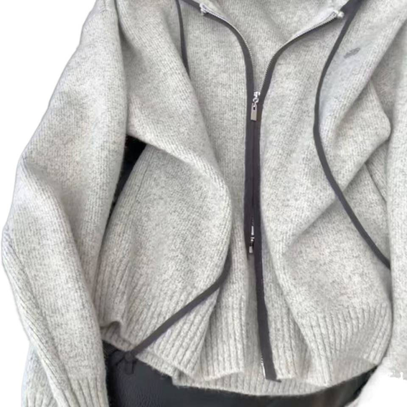 Kardigan od pletenine s kapuljom, Ice Silk materijal, rukavi princeze, ultra kratka duljina, zatvaranje jednim gumbom